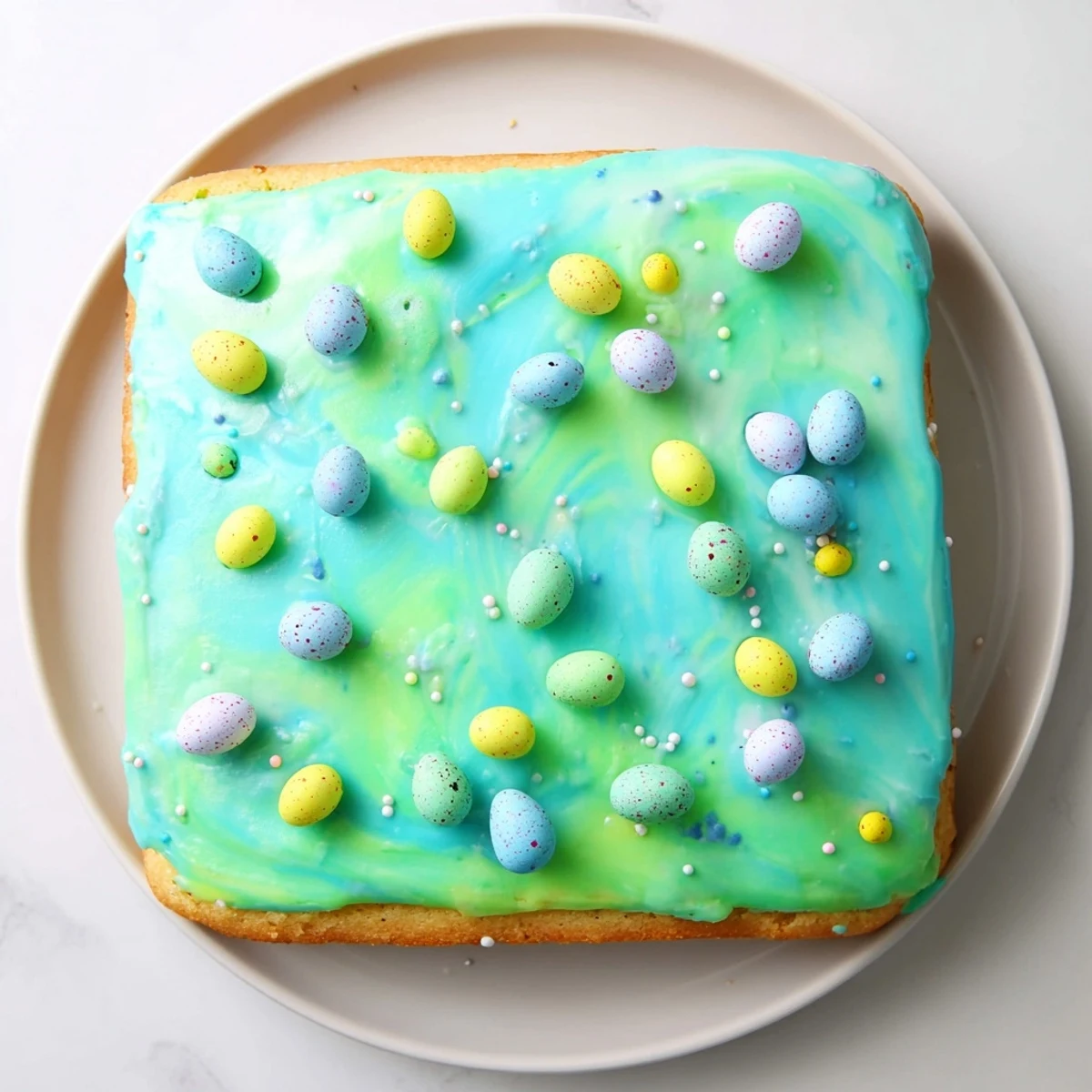 Robin Egg Snack Cake with pastel glaze drizzled over golden vanilla crumb topped with candy eggs