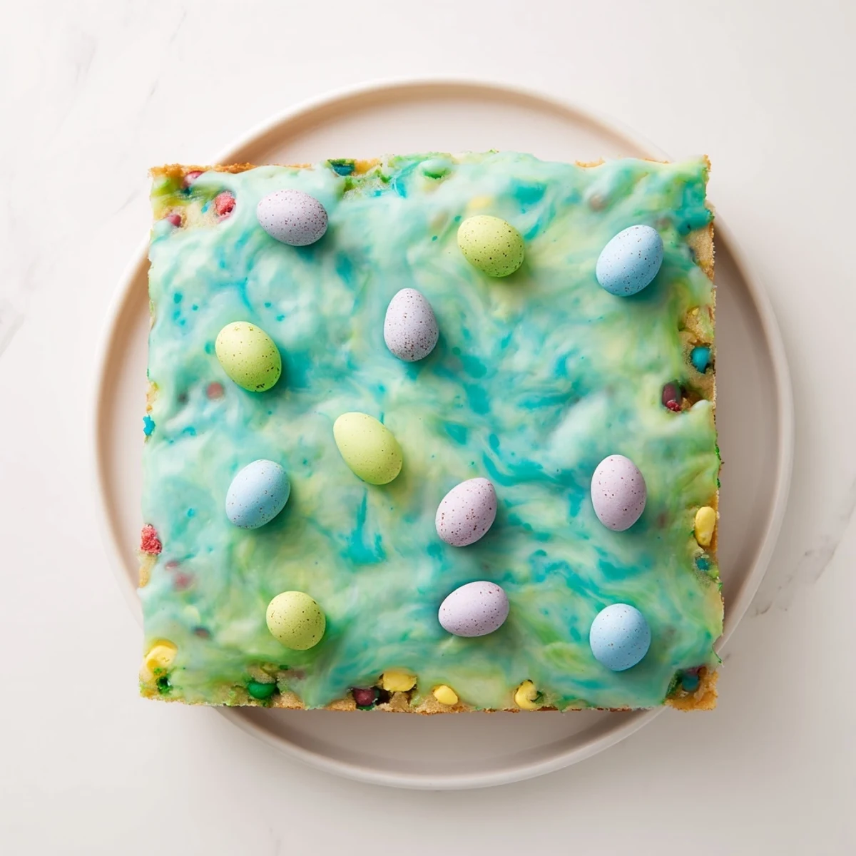 Tender Robin Egg Snack Cake slice revealing speckled candy-coated chocolates in moist vanilla batter