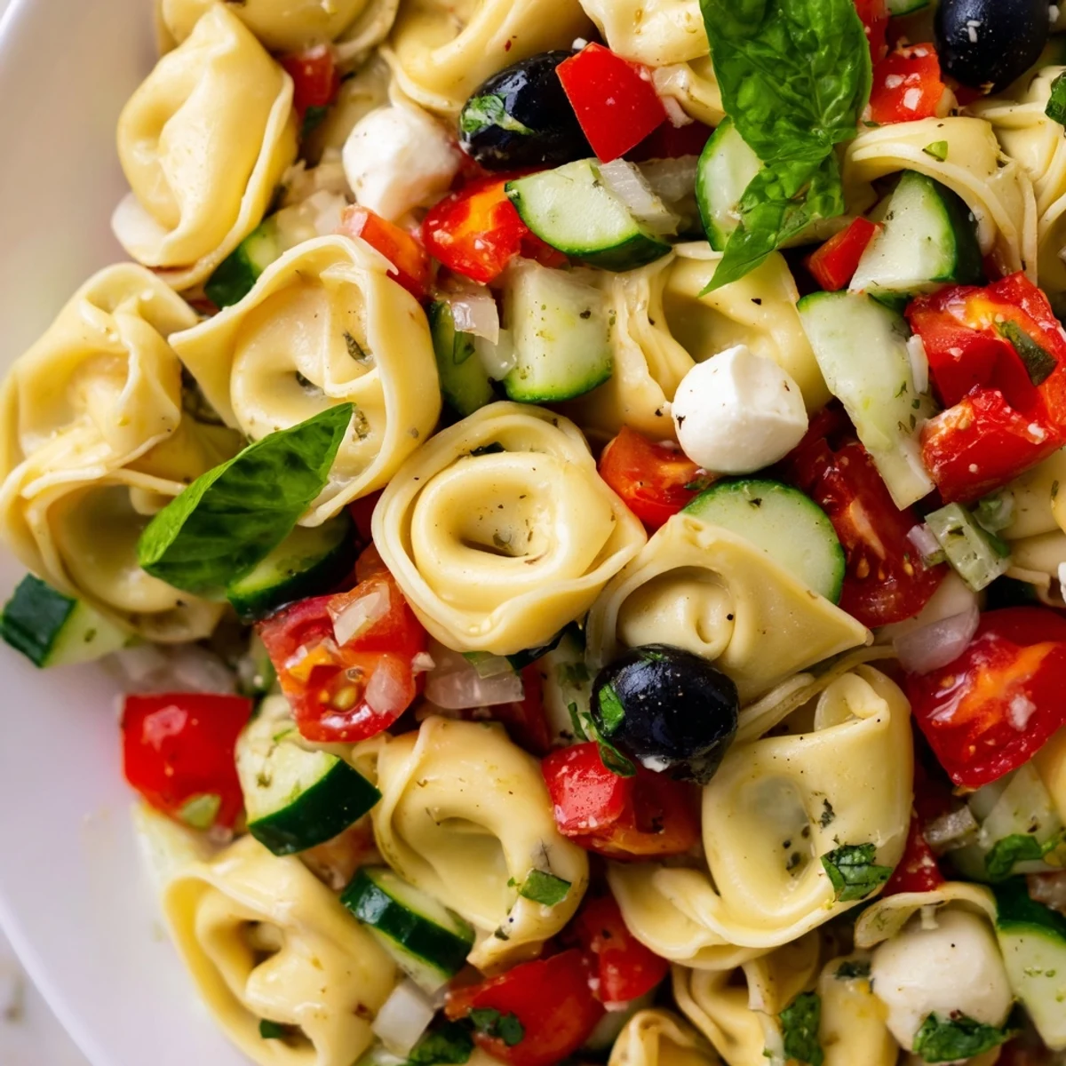 Creamy tortellini salad with ripe tomatoes, crunchy cucumber, and herb dressing served cold