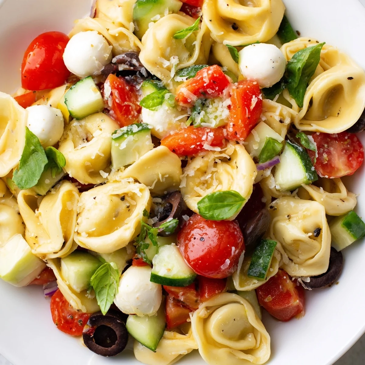 Vibrant tortellini salad tossed with mozzarella, olives, and zesty vinaigrette in white bowl