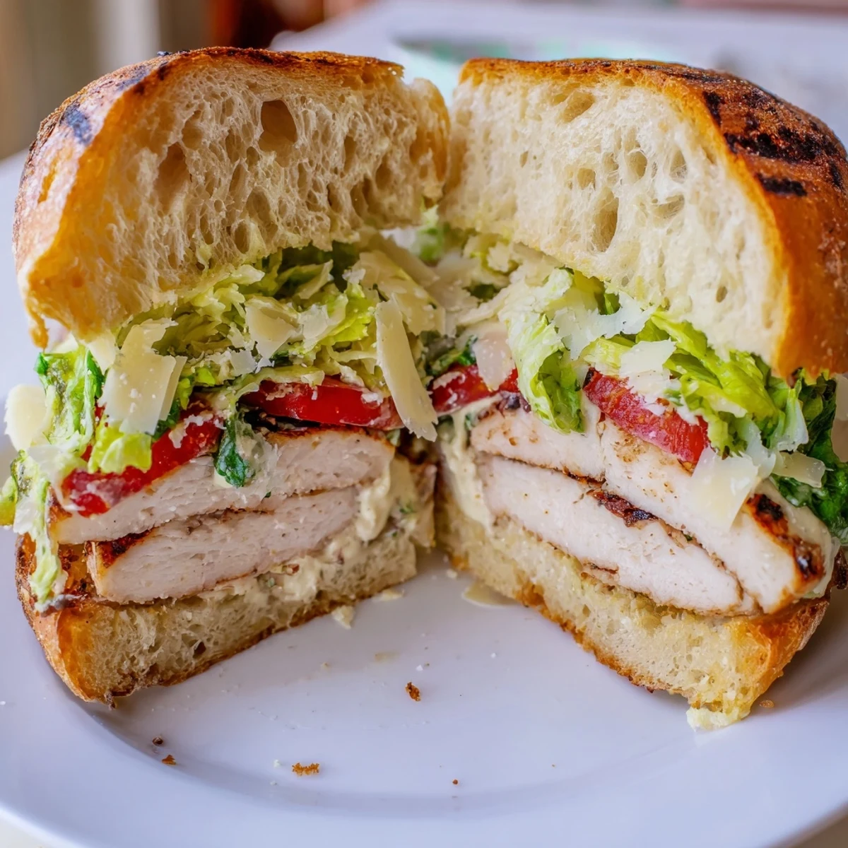 Golden grilled chicken Caesar sandwich with crisp romaine and creamy dressing on toasted ciabatta