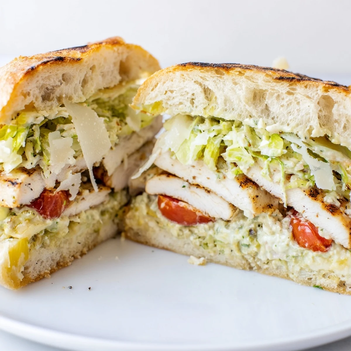 Juicy sliced chicken Caesar sandwich topped with shredded Parmesan and fresh crunchy romaine lettuce