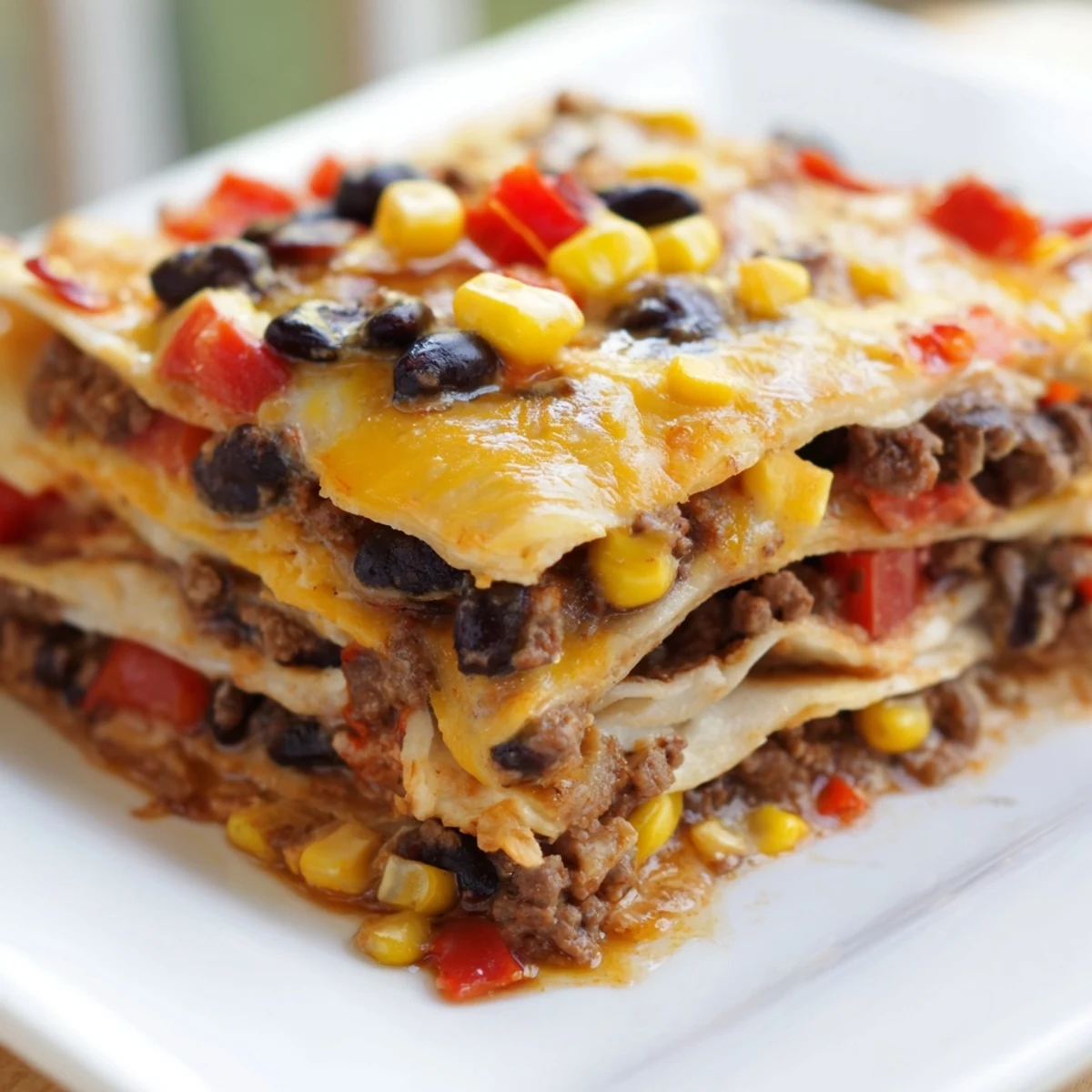 Golden bubbling Mexican lasagna with layers of seasoned beef beans and melted cheese