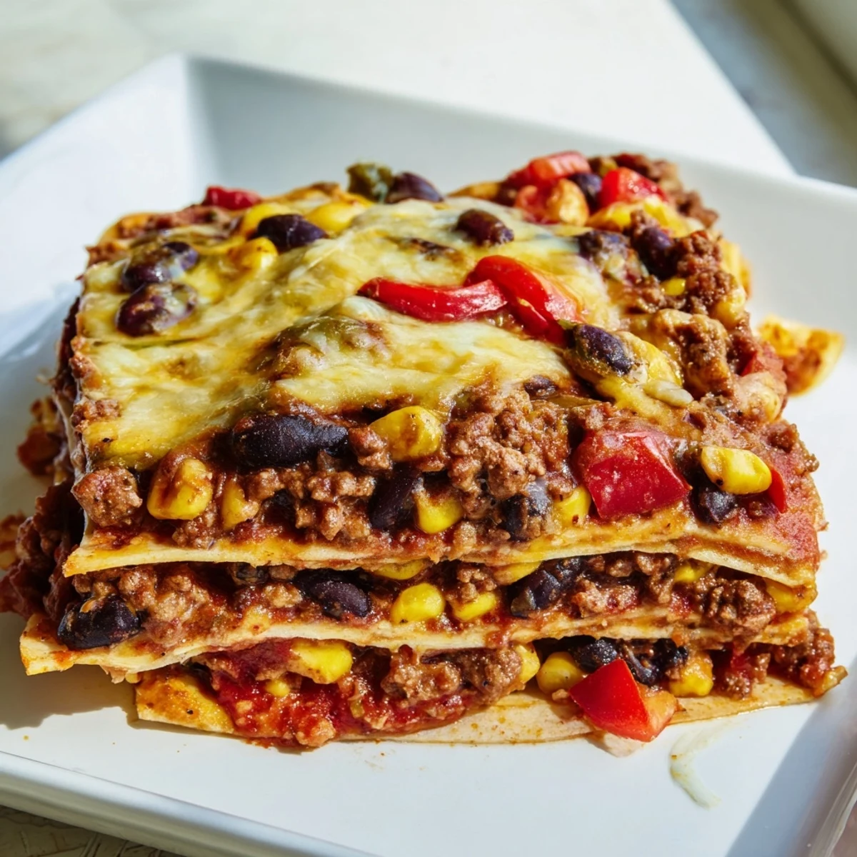 Mexican lasagna fresh from oven revealing layered tortillas spicy beef and gooey cheese