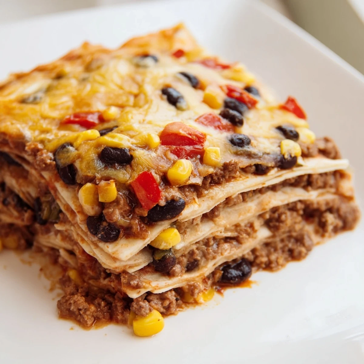 Steaming Mexican lasagna topped with cilantro jalapeños and sour cream ready to serve