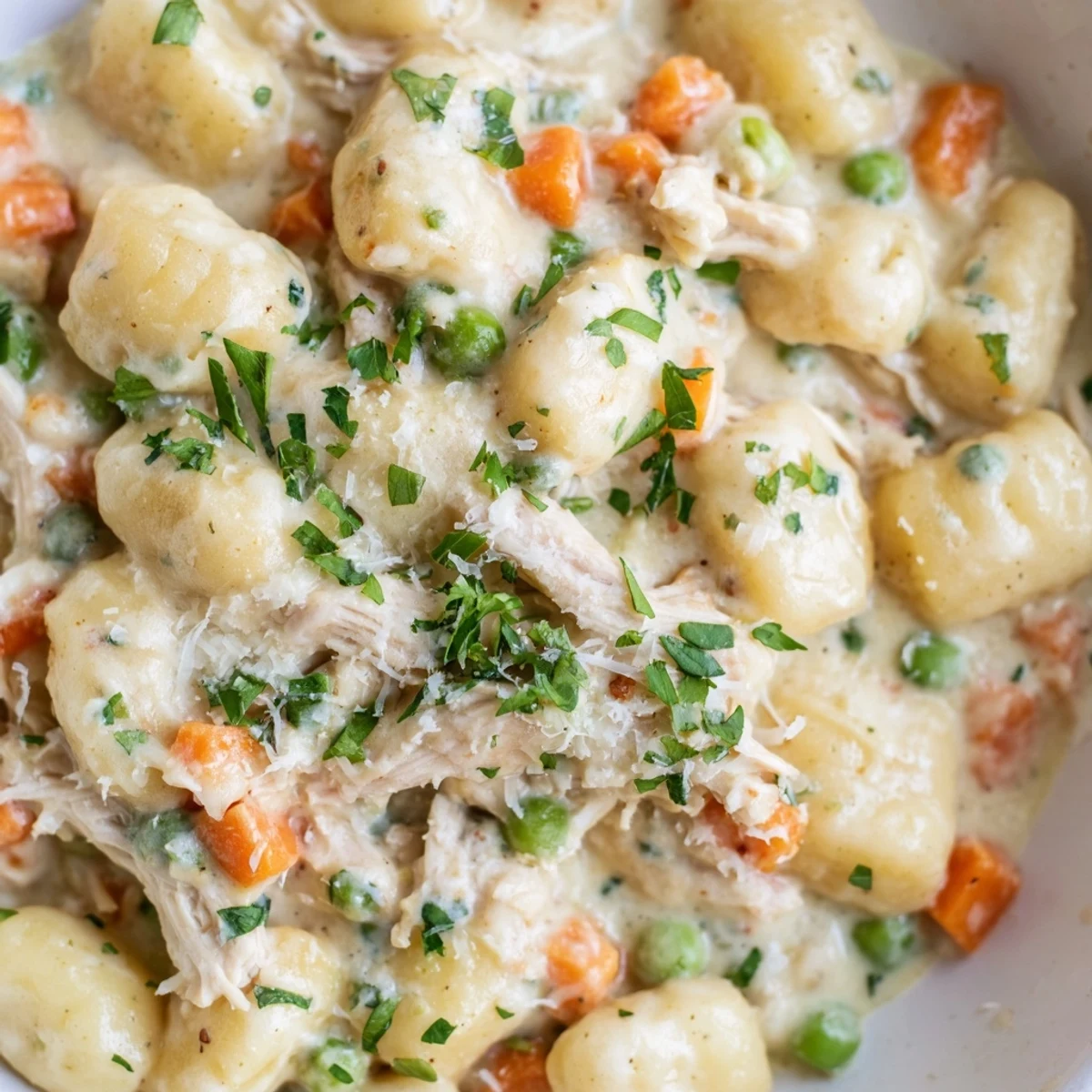 One Pot Gnocchi Chicken Pot Pie in a creamy sauce with tender vegetables and shredded meat