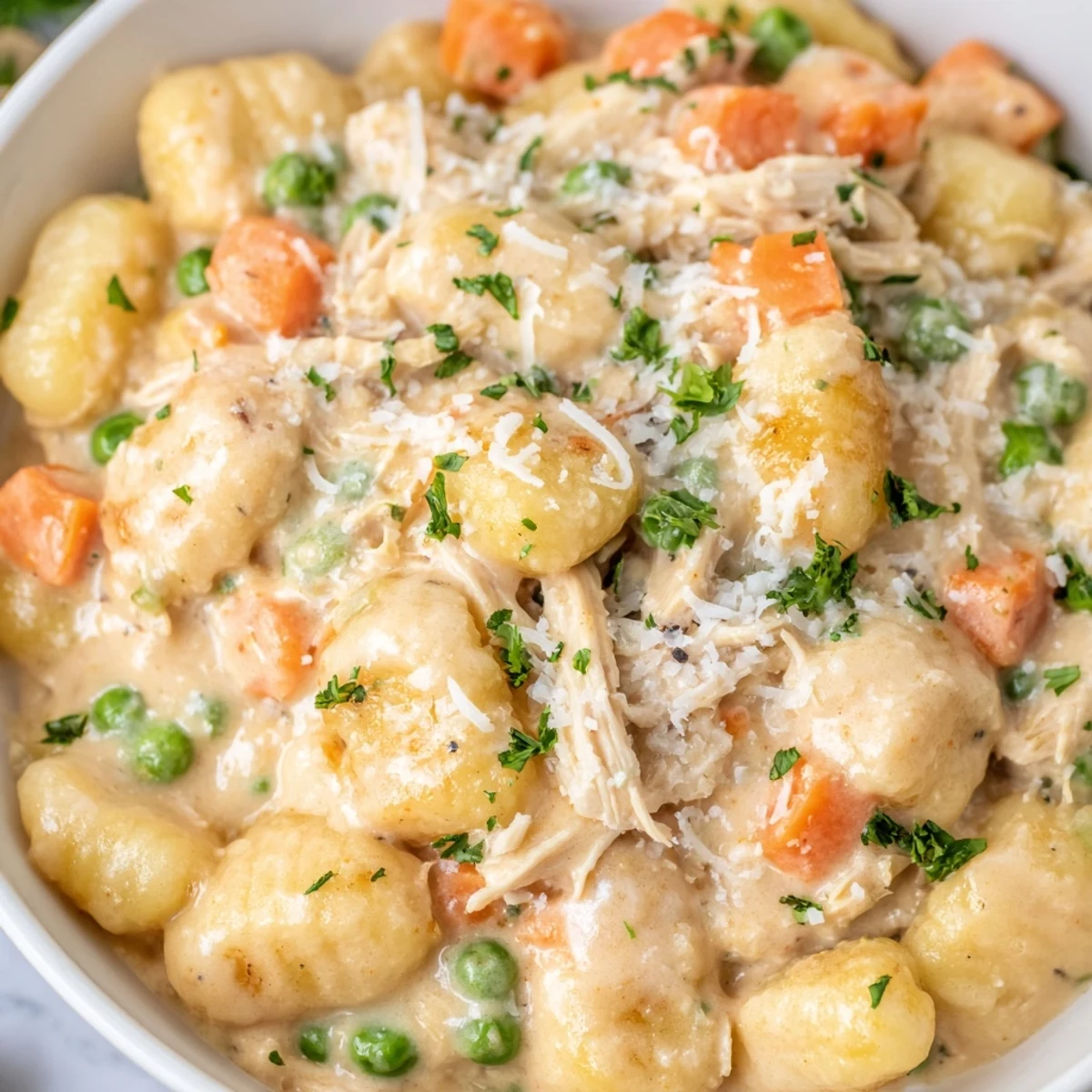 Creamy One Pot Gnocchi Chicken Pot Pie topped with fresh parsley and golden sauce