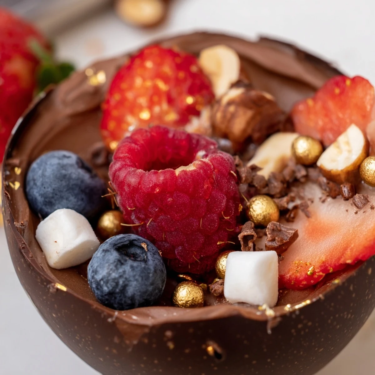 Elegant chocolate cups showcase layers of creamy mousse topped with vibrant mixed berries