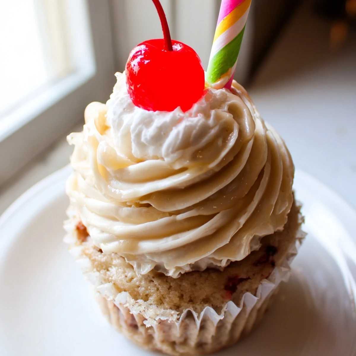 Moist banana milkshake cupcakes topped with creamy vanilla frosting and bright red maraschino cherries