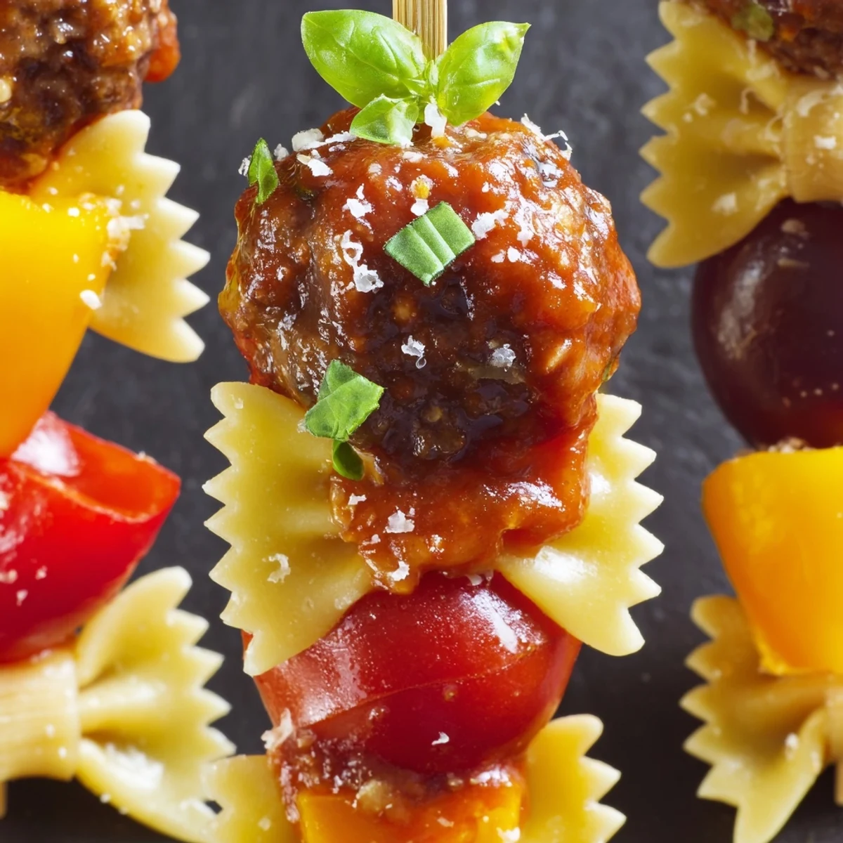 Colorful bowtie pasta and cocktail meatball skewers arranged on a white platter with fresh basil garnish