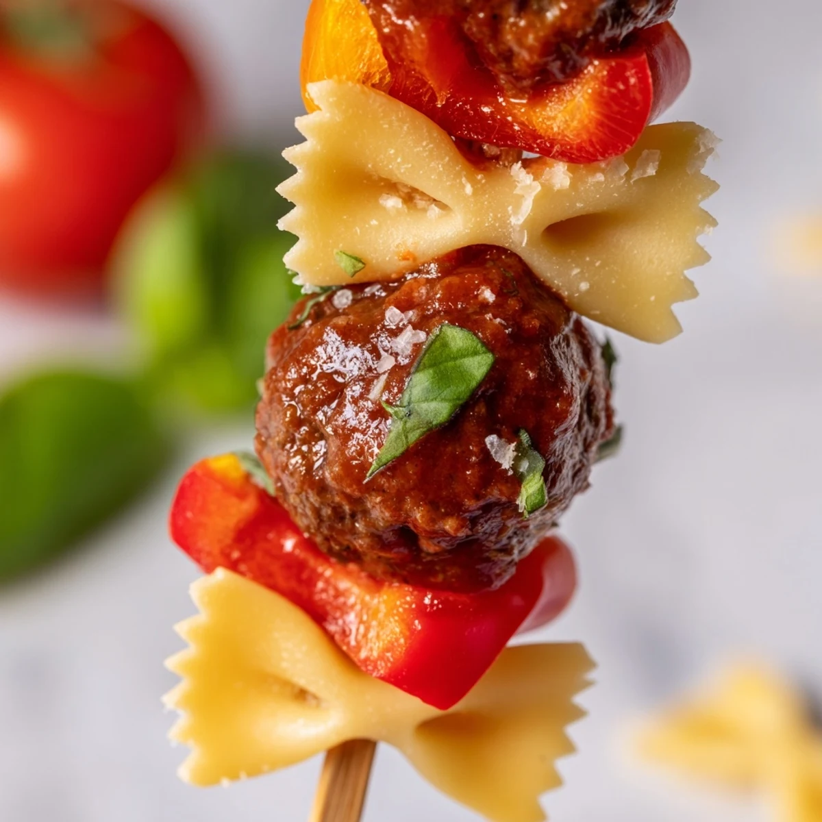 Juicy cocktail meatballs alternating with bowtie pasta and crisp bell peppers on wooden skewers