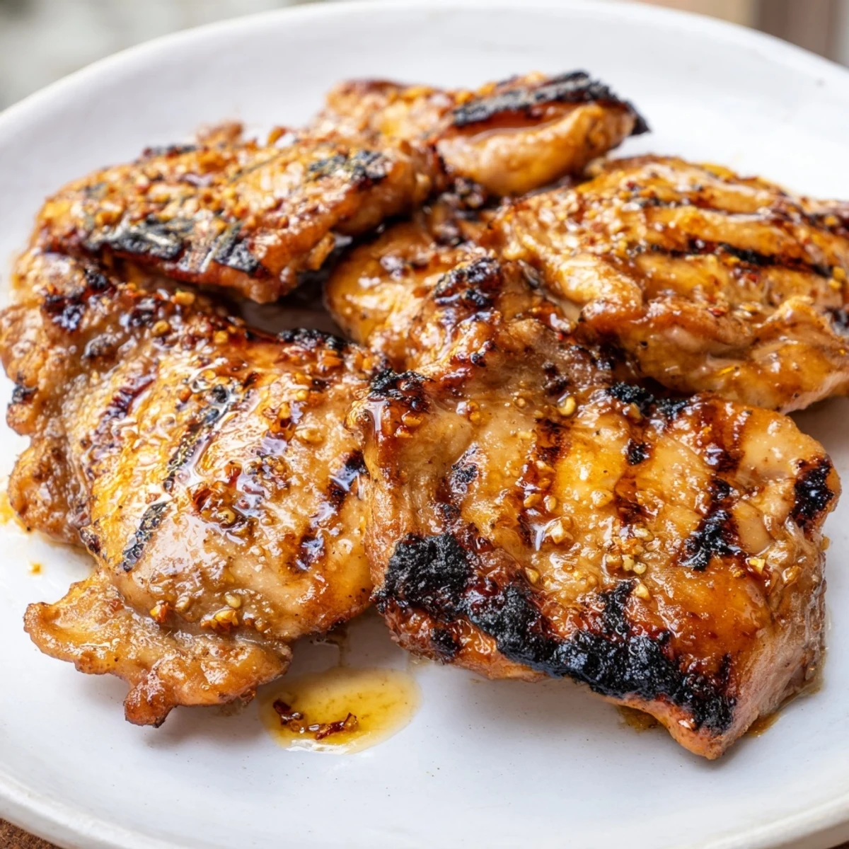 Savory glazed chicken thighs with killer chicken thigh marinade drizzle on a white plate