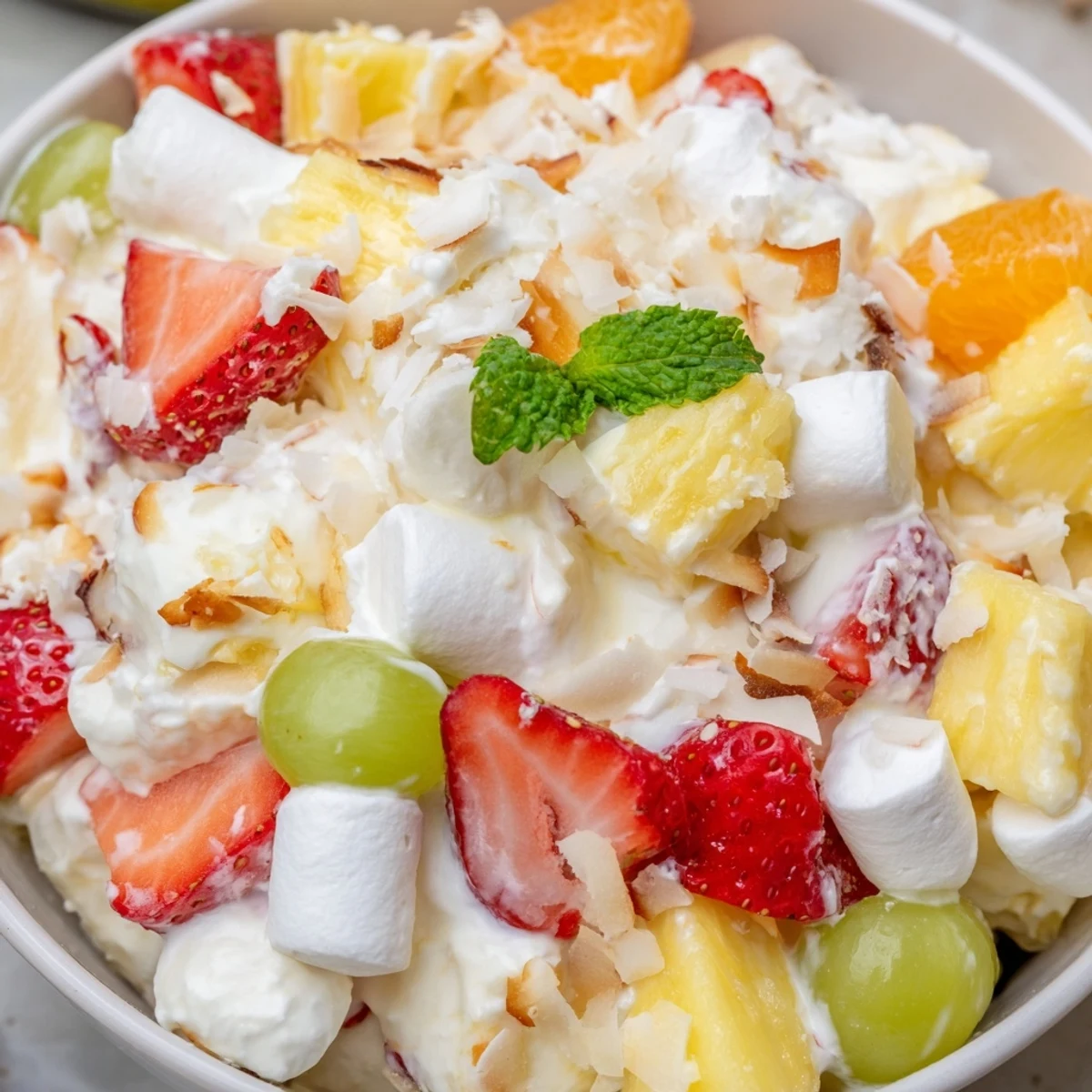 Creamy Hawaiian Cheesecake Salad loaded with fresh tropical fruits in a fluffy vanilla cheesecake base