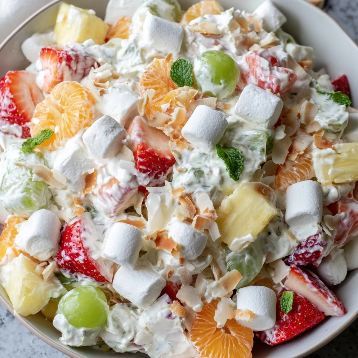 Hawaiian Cheesecake Salad featuring juicy pineapple, strawberries, and mandarin oranges coated in creamy dressing