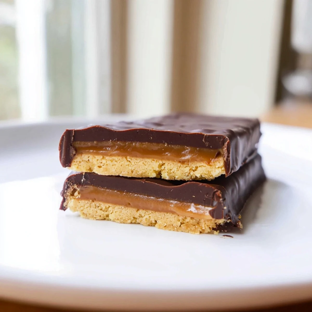 Healthy Twix Bars with golden date caramel layer and dark chocolate topping on wooden board