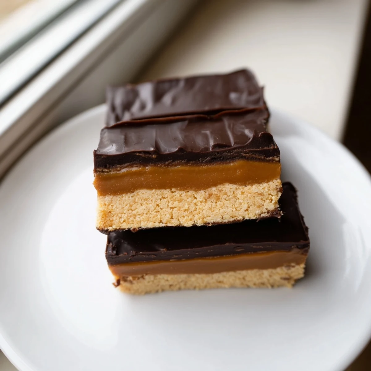 Homemade Healthy Twix Bars sliced to reveal nutty crust and silky caramel filling