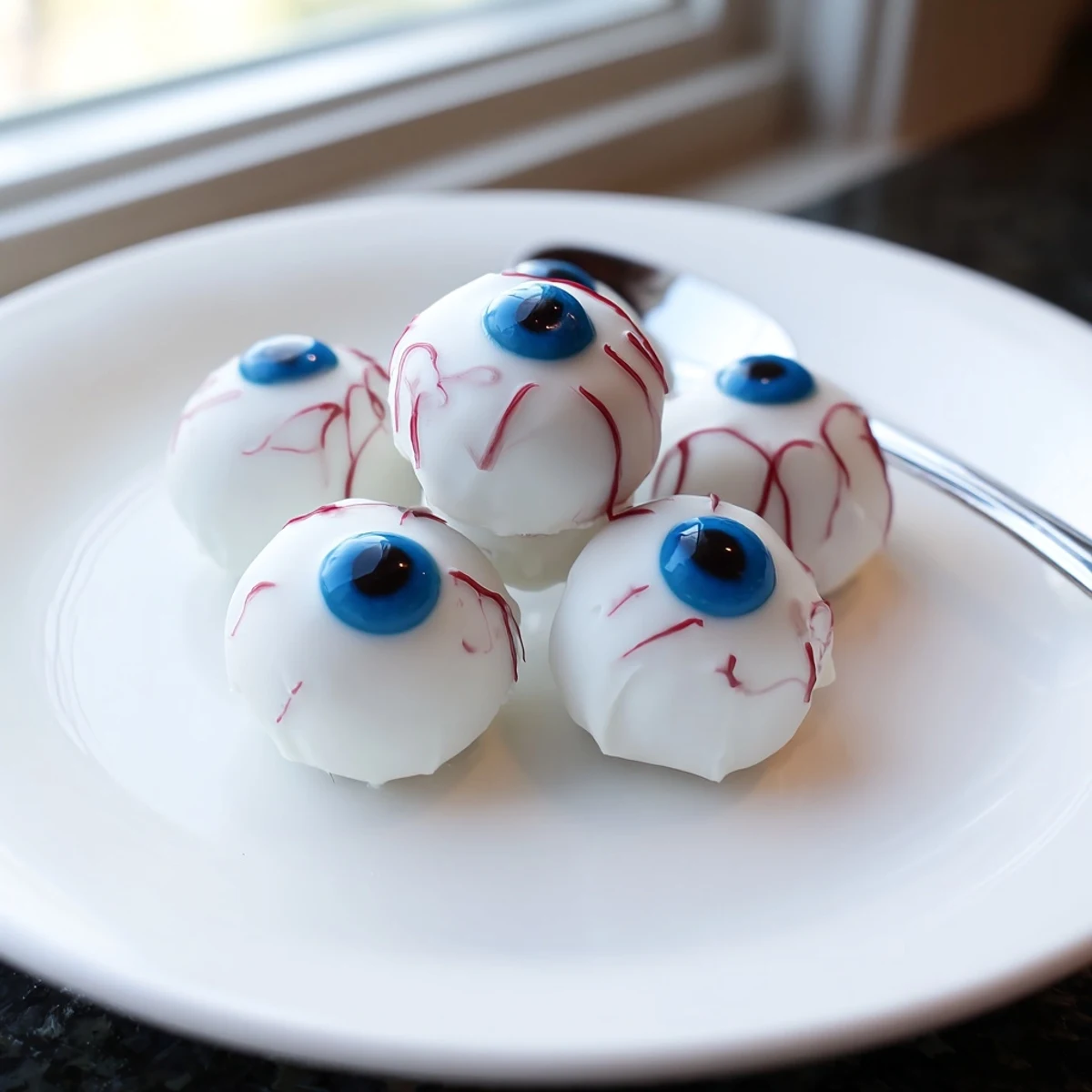 Creepy Halloween Cake Eyeballs with red veins and colorful irises on a dark tray