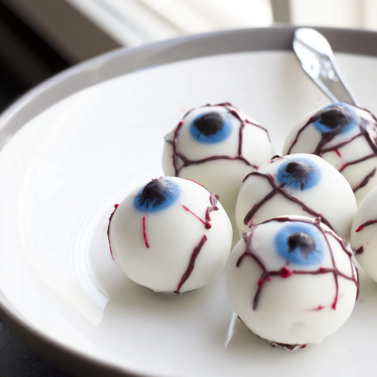 Smooth white chocolate coated Halloween Cake Eyeballs with blue iris and dark pupils