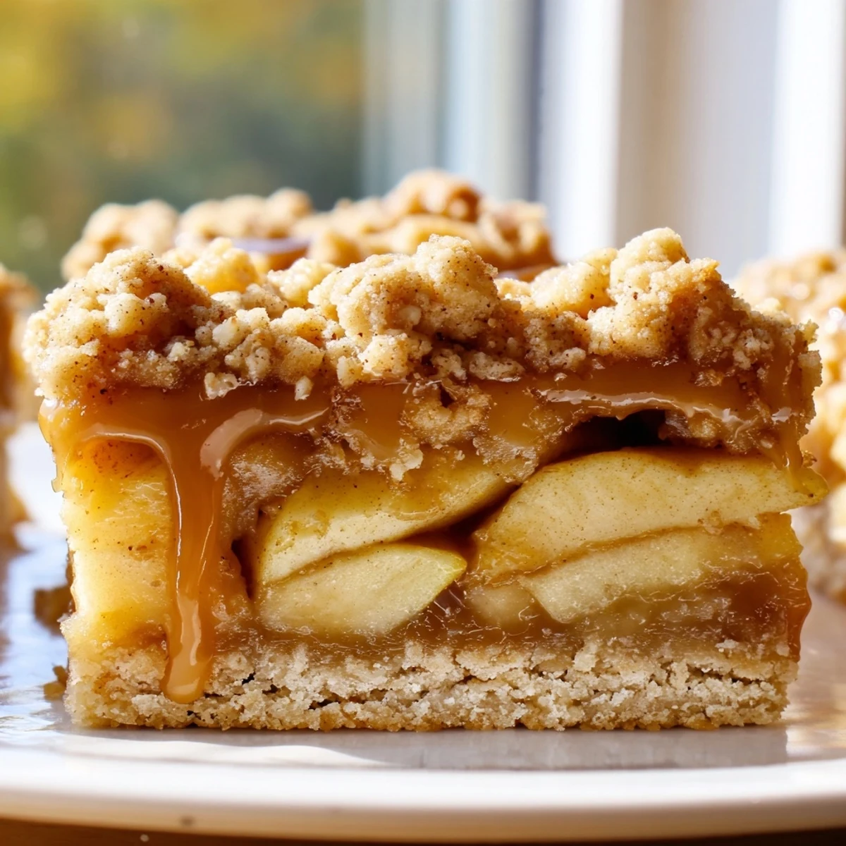 Golden caramel apple crumb bars with buttery streusel topping on a rustic baking sheet