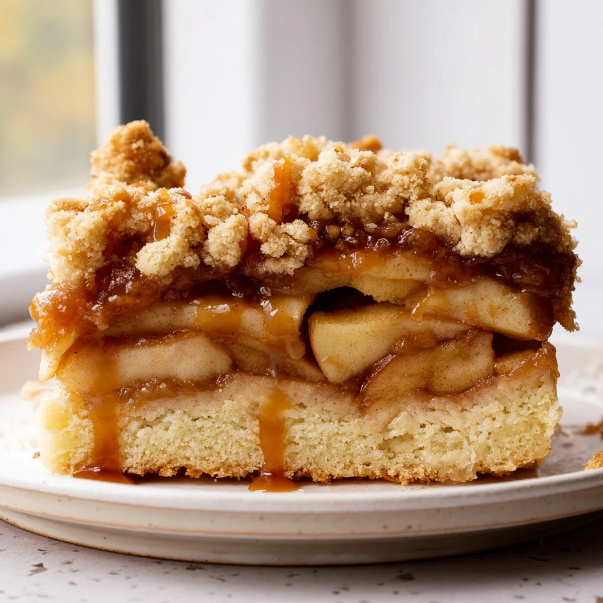 Warm caramel apple crumb bars sliced into squares with gooey apple filling visible