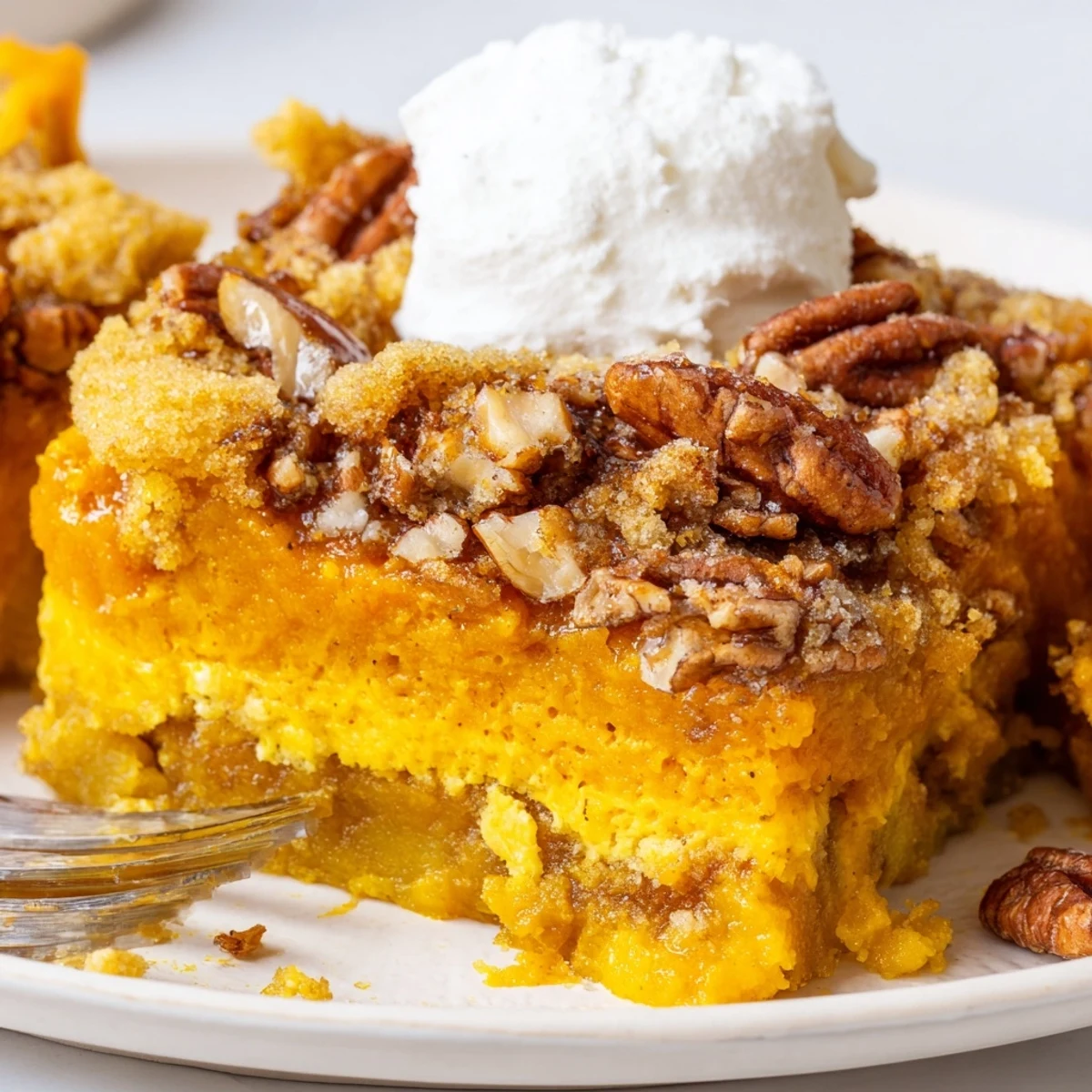 Creamy pumpkin dump cake scooped into a bowl topped with vanilla ice cream