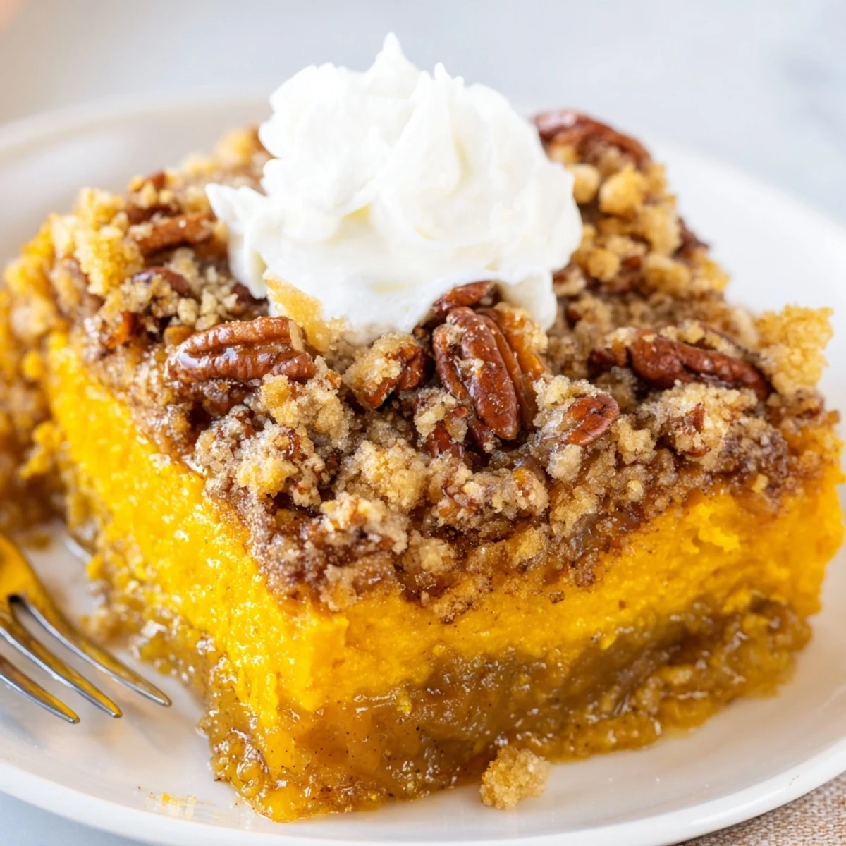 Golden-crusted pumpkin dump cake with spiced filling and toasted pecans in a baking dish
