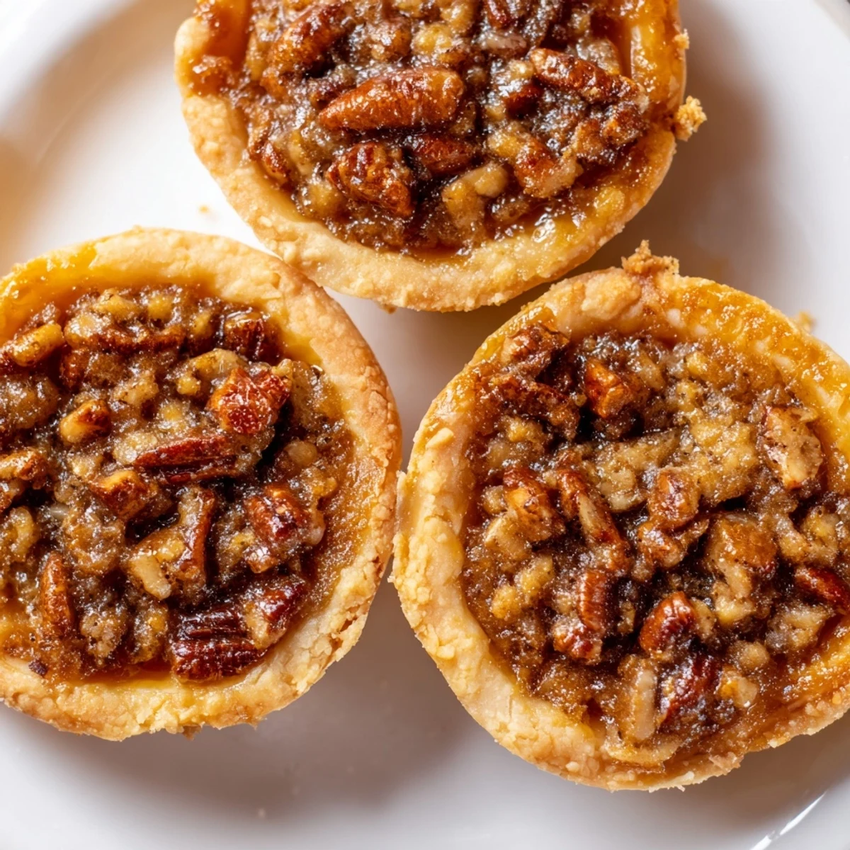 Golden bite-sized mini pecan pies with gooey caramel filling on a rustic baking sheet
