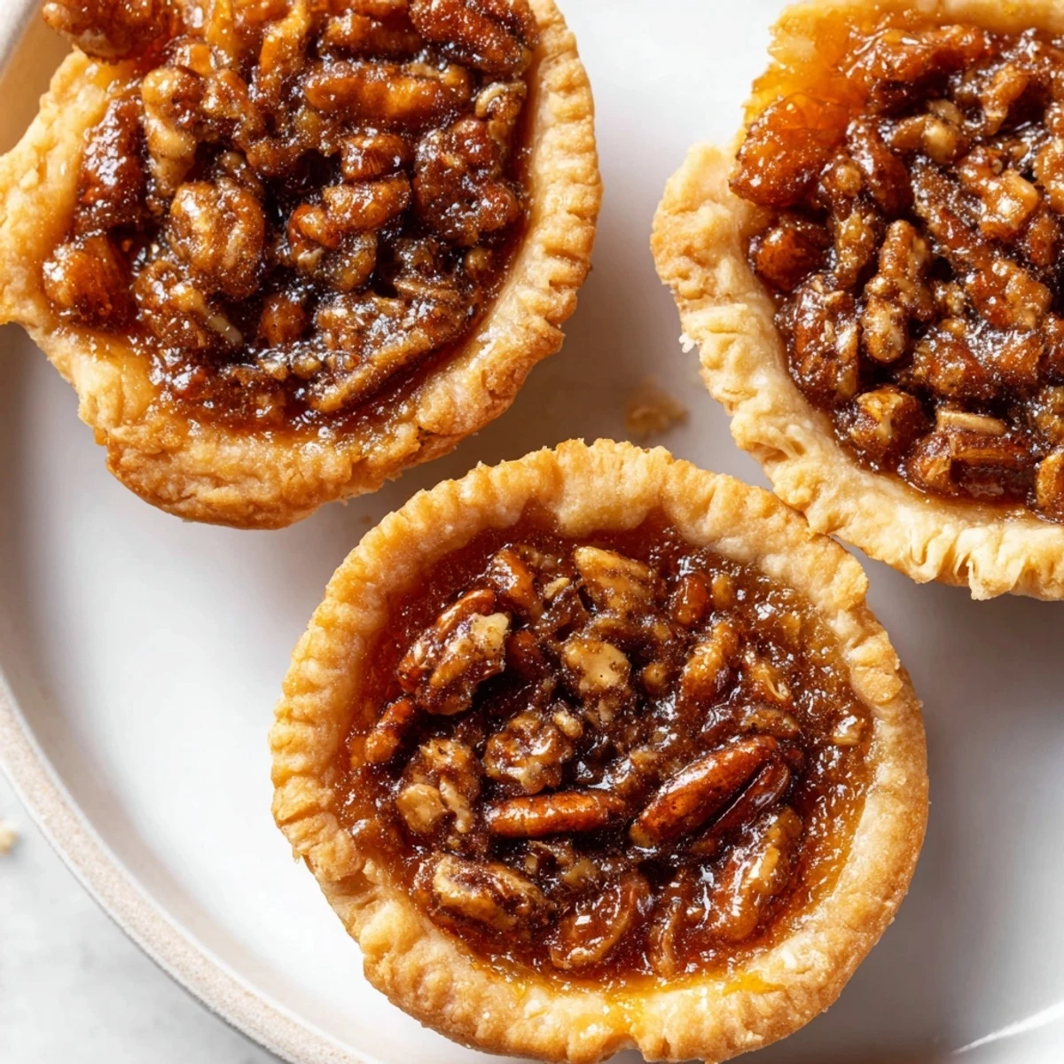 Mini pecan pies topped with toasted nuts and drizzled warm maple syrup