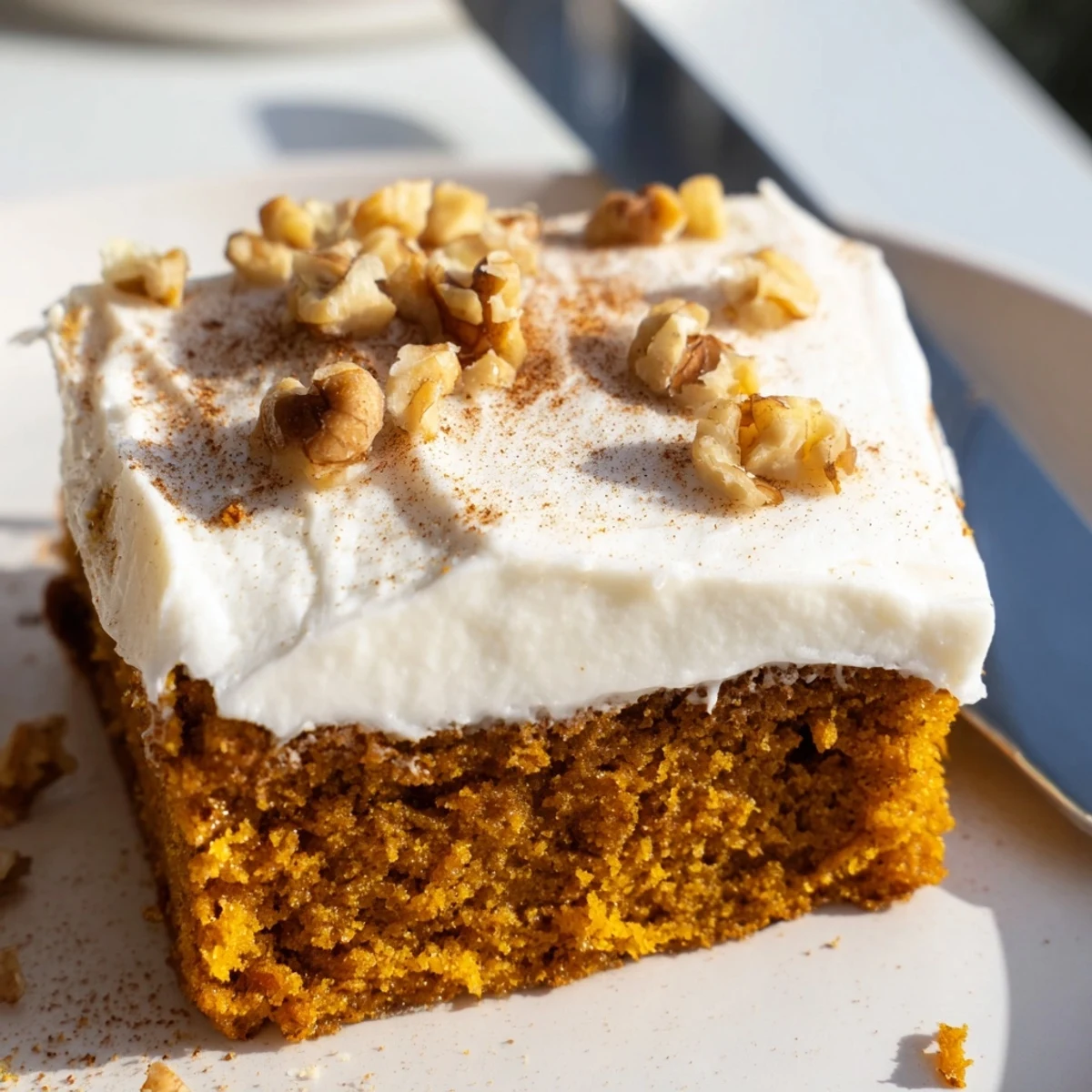 Warm pumpkin bars with cream cheese frosting sliced on a rustic wooden cutting board