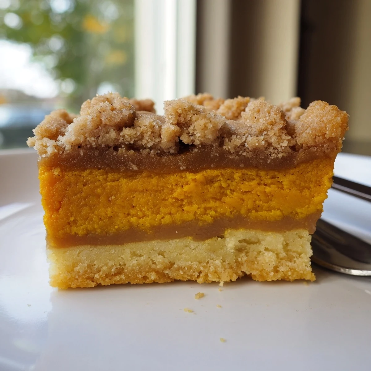 Golden brown sugar maple pumpkin butter bars with a crumbly streusel topping on a rustic plate