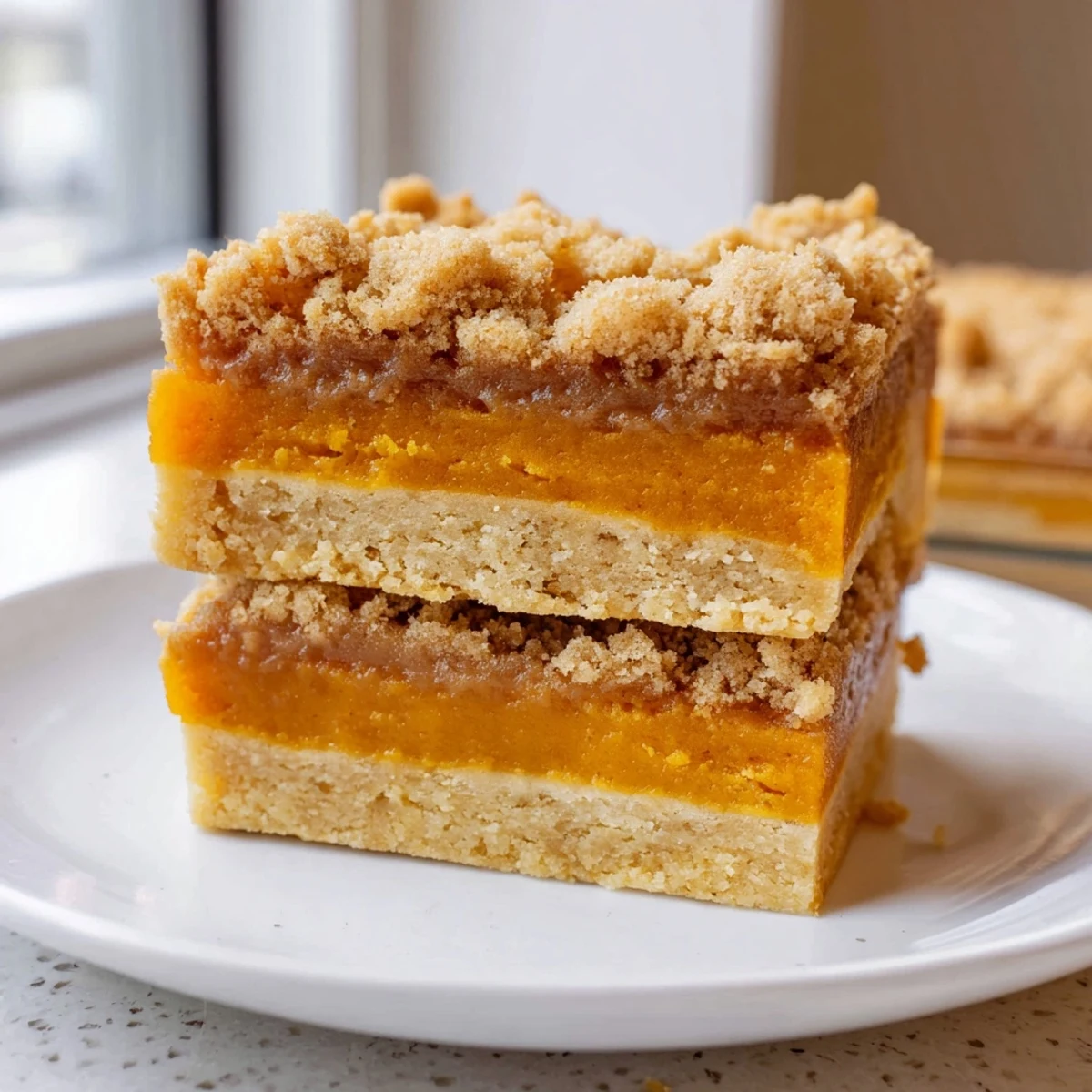 Creamy pumpkin maple filling peeks through a spiced brown sugar streusel on these autumn dessert bars