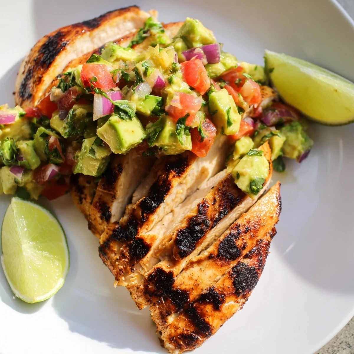 Golden grilled fiesta lime chicken topped with creamy avocado and fresh cilantro