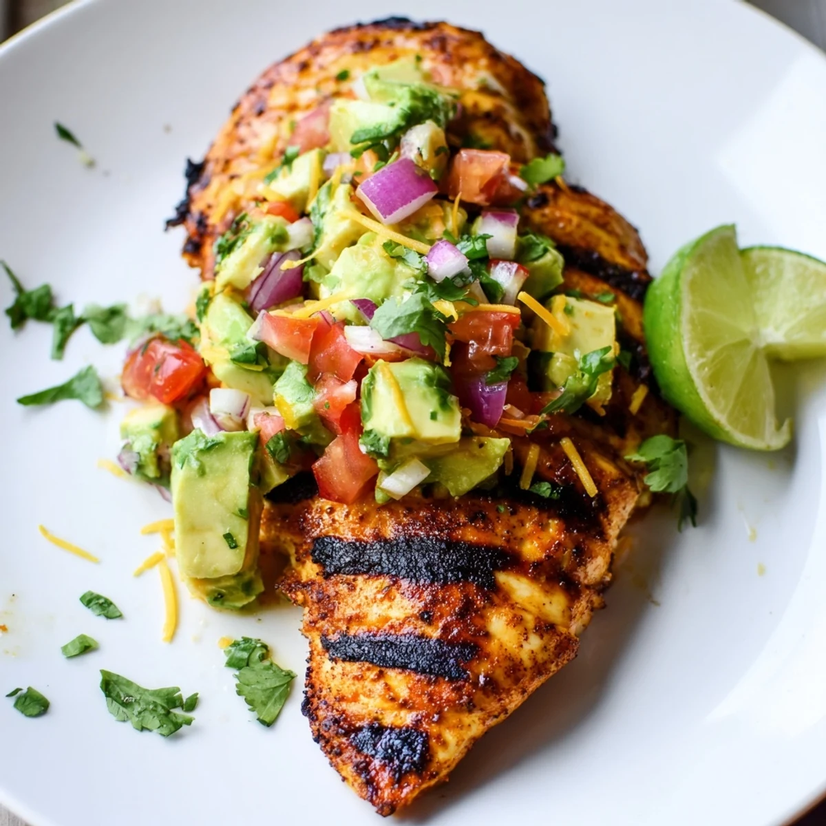 Sizzling fiesta lime chicken with diced avocado, tomato, and a lime wedge