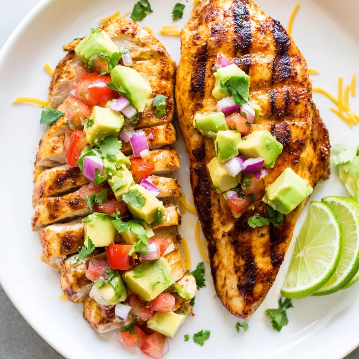 Juicy zesty fiesta lime chicken with avocado served on a white plate