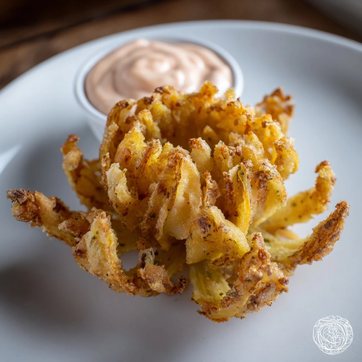 Golden crispy mini bloomin onions served with spicy horseradish dipping sauce on a white plate