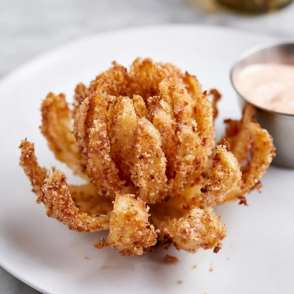A plate of hot crispy mini bloomin onions surrounded by smoky paprika-spiced mayo for dipping