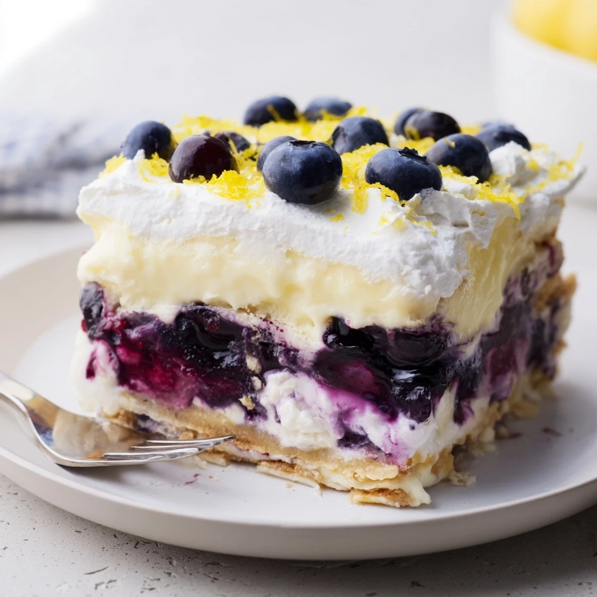 Thick slices of lemon blueberry lasagna showing purple berry swirls and creamy layers