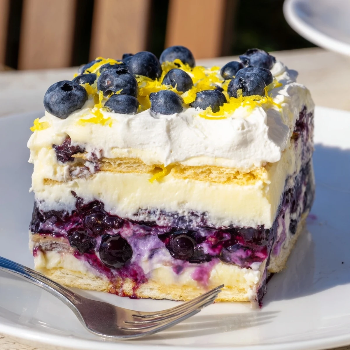 A square of lemon blueberry lasagna revealing cookie crust and tangy fruit filling