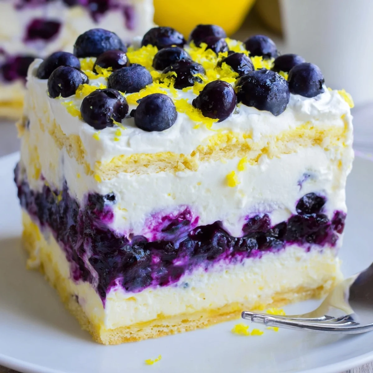 No-bake lemon blueberry lasagna dessert plated with fresh blueberries and zesty garnish
