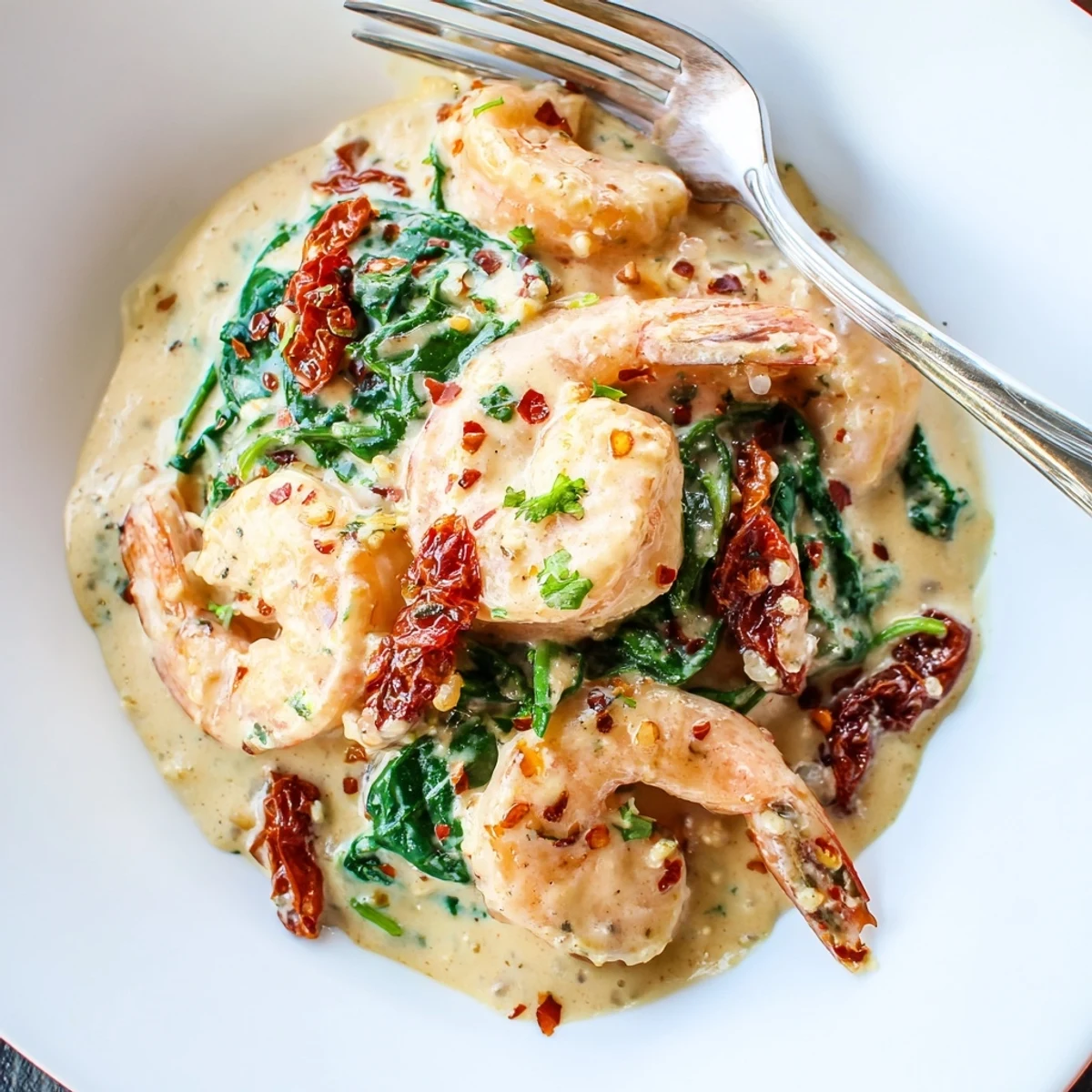 Keto creamy Tuscan shrimp served in a white skillet garnished with fresh chopped parsley