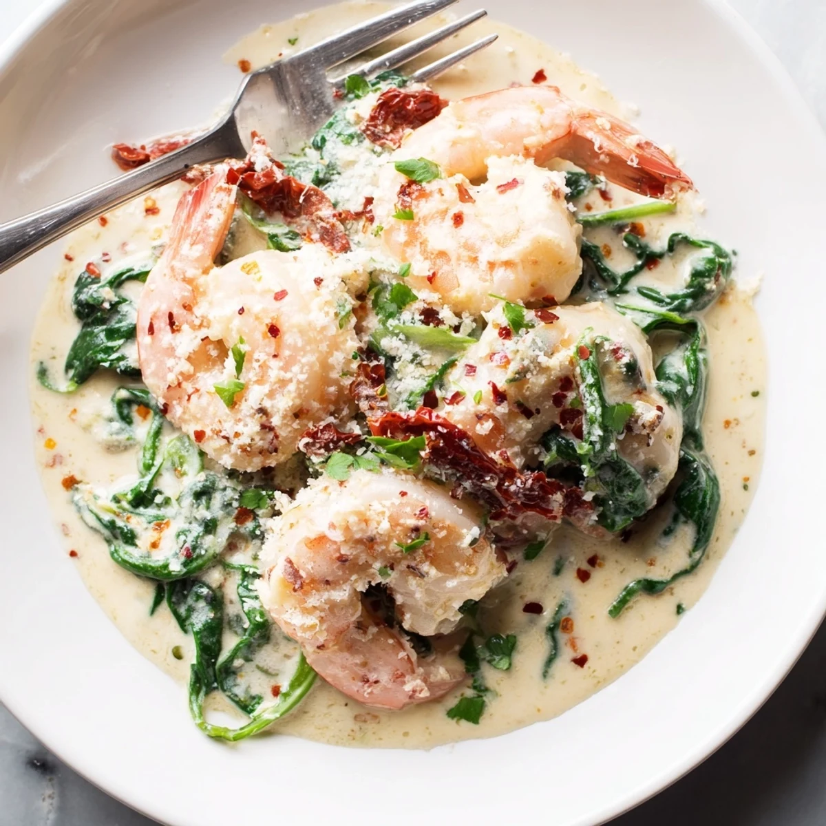 Golden seared shrimp nestled in a creamy Tuscan sauce with wilted spinach and sun-dried tomatoes