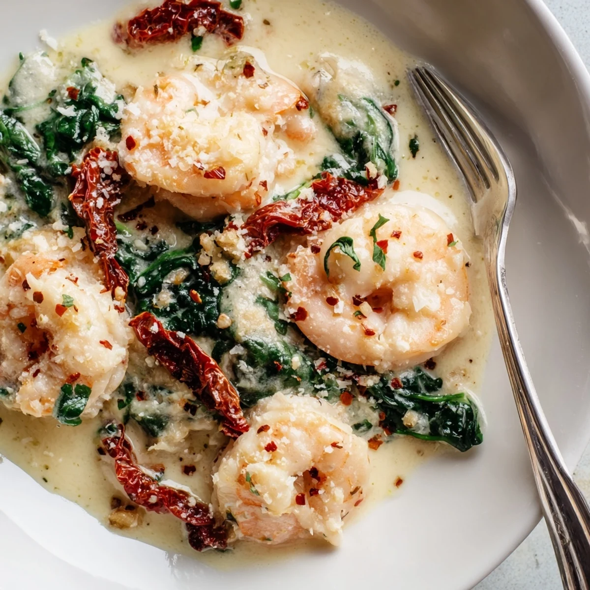 Plump pink shrimp coated in a rich garlic Parmesan cream sauce over tender spinach