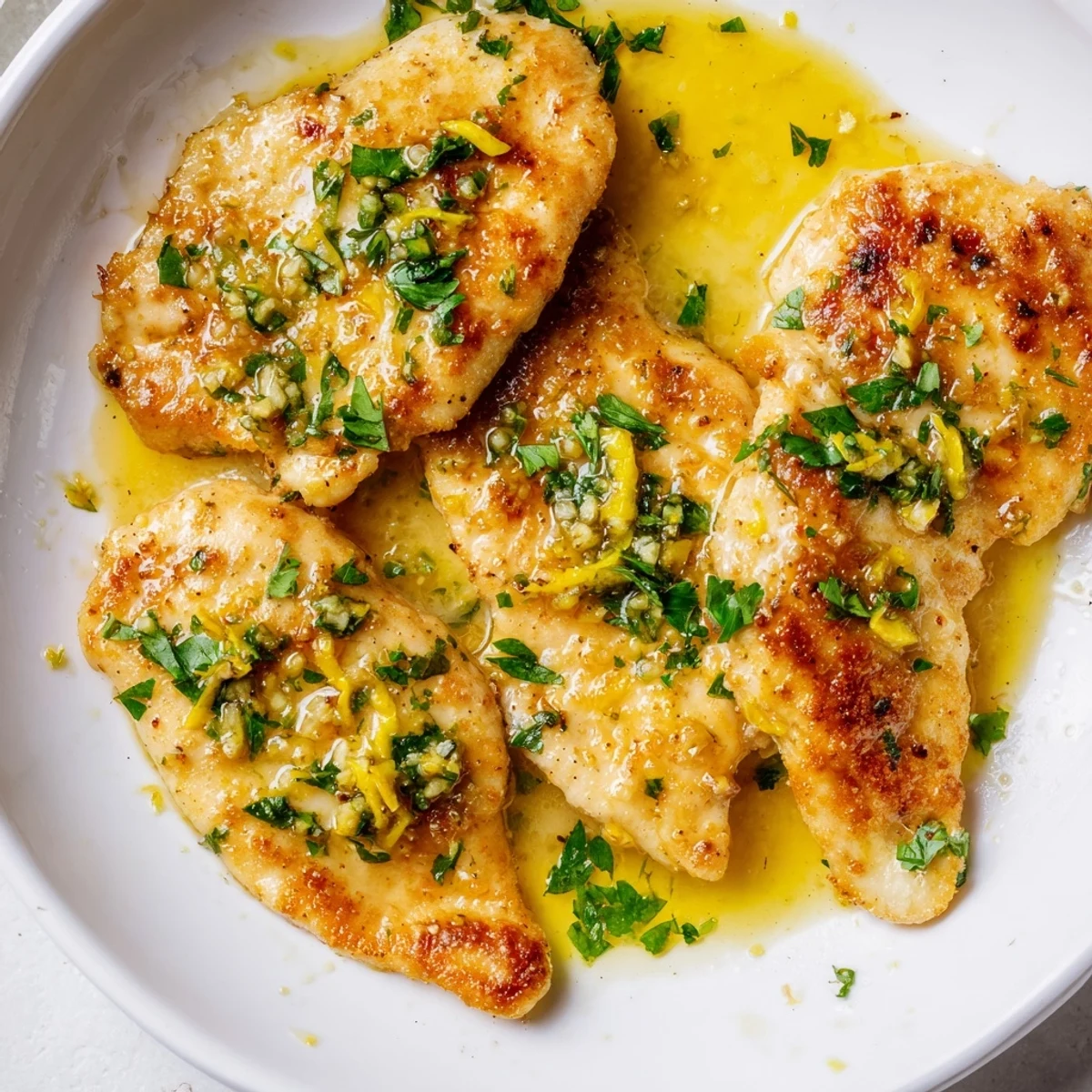 Golden Lemon Garlic Butter Chicken draped in a glossy citrus pan sauce