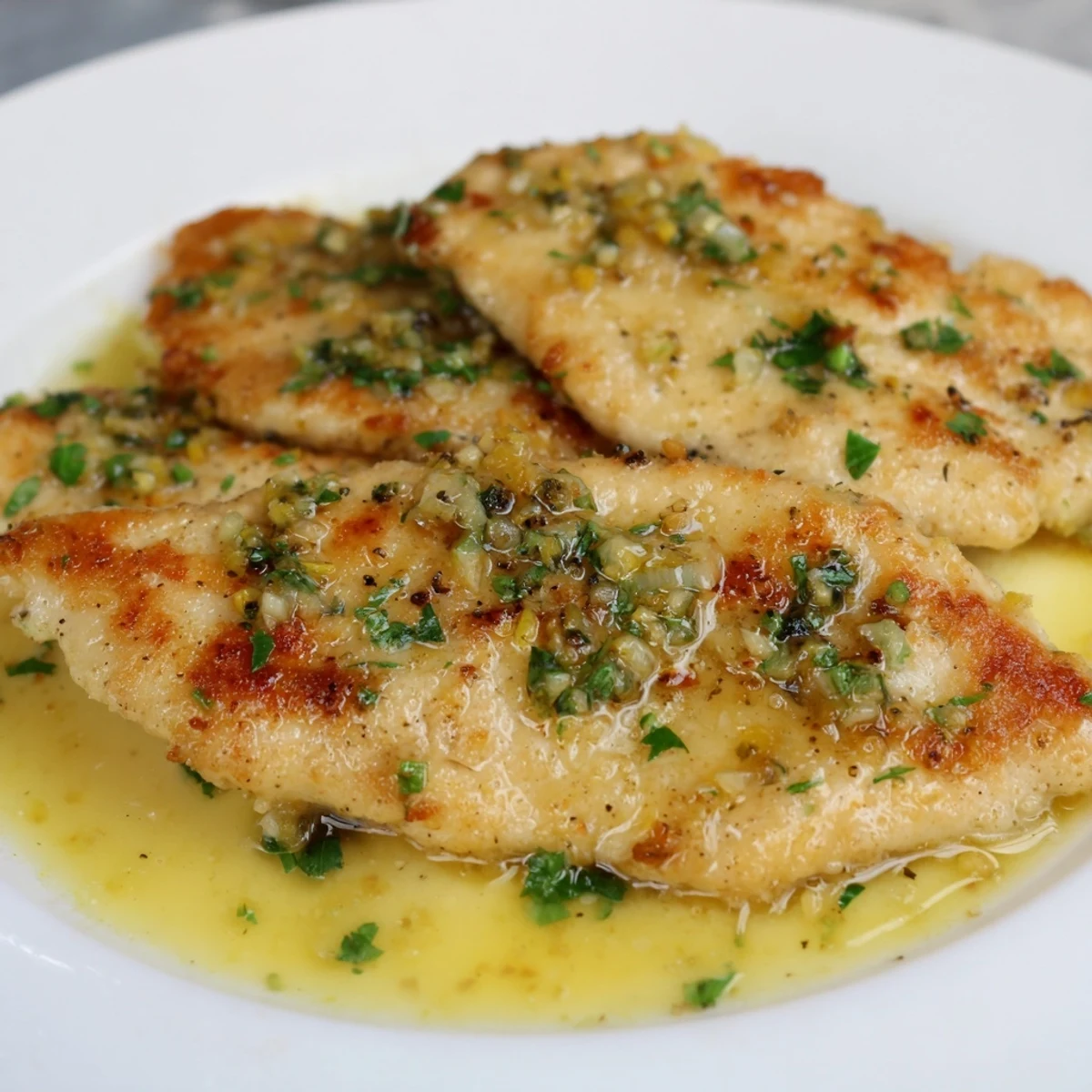 Tender pan-seared Lemon Garlic Butter Chicken garnished with fresh parsley