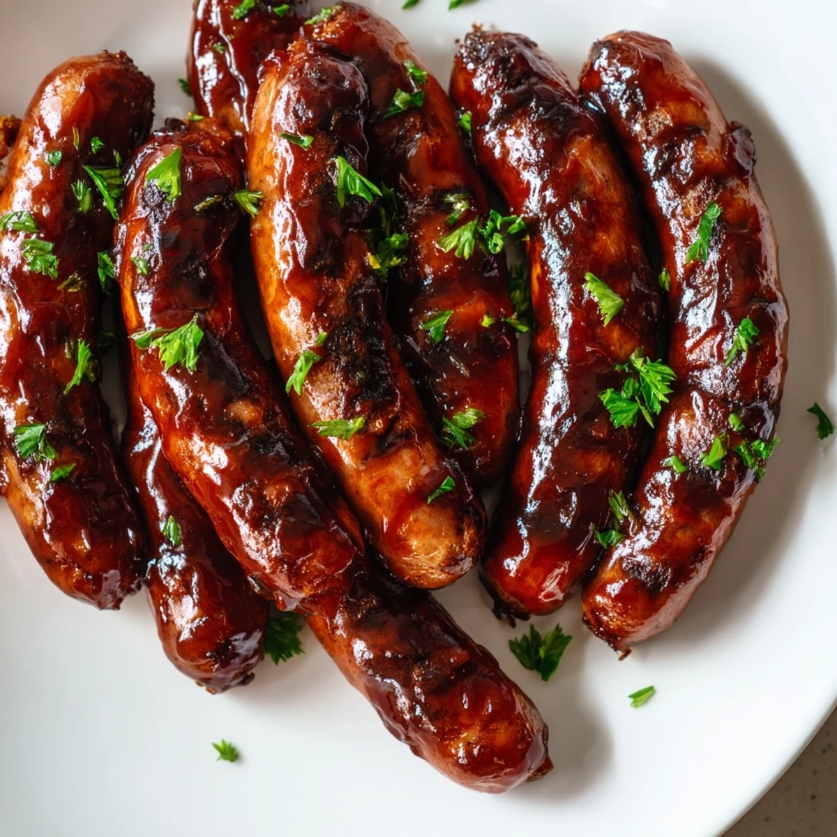 Juicy sausages glistening with caramelized BBQ sauce on a smoky grill