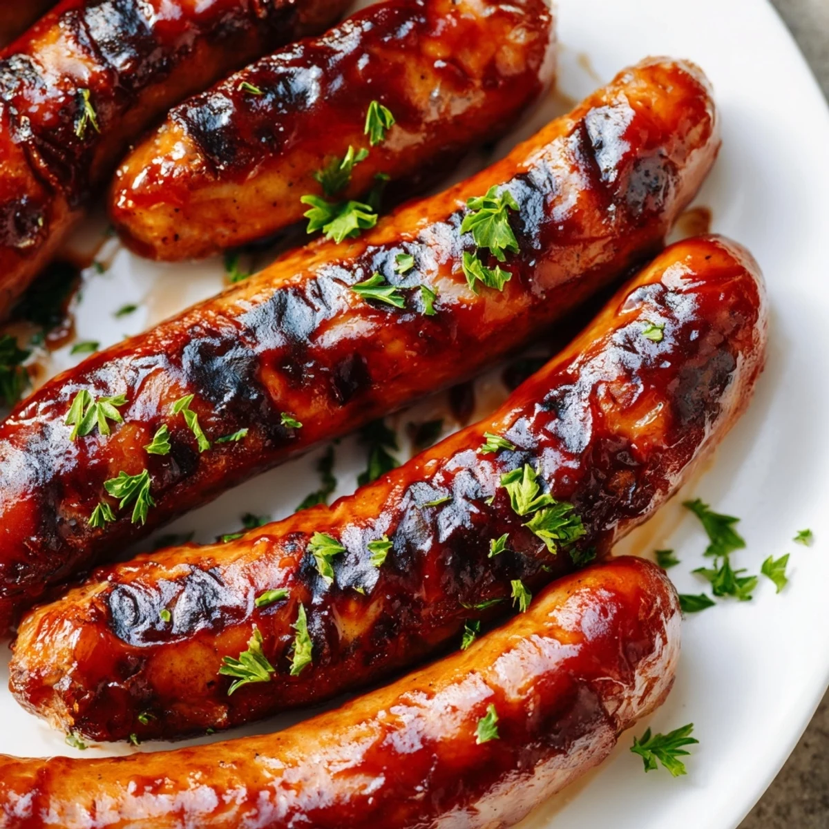 Tangy barbecue glazed sausages served in soft rolls with fresh parsley