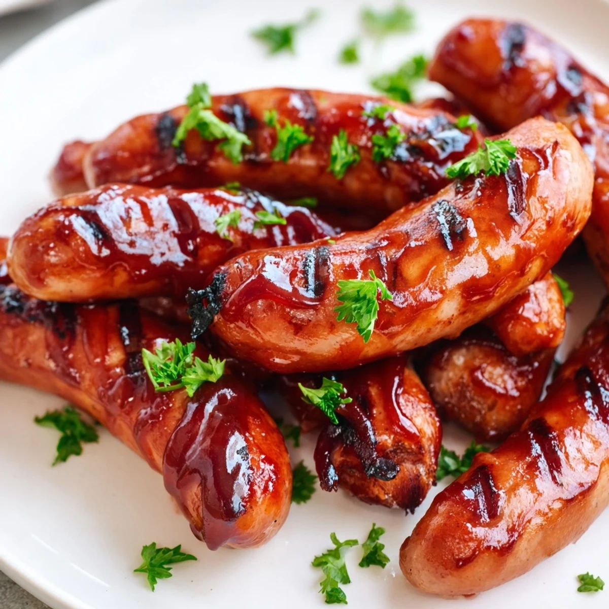 Golden grilled sausages brushed with sweet smoky BBQ sauce alongside pickles