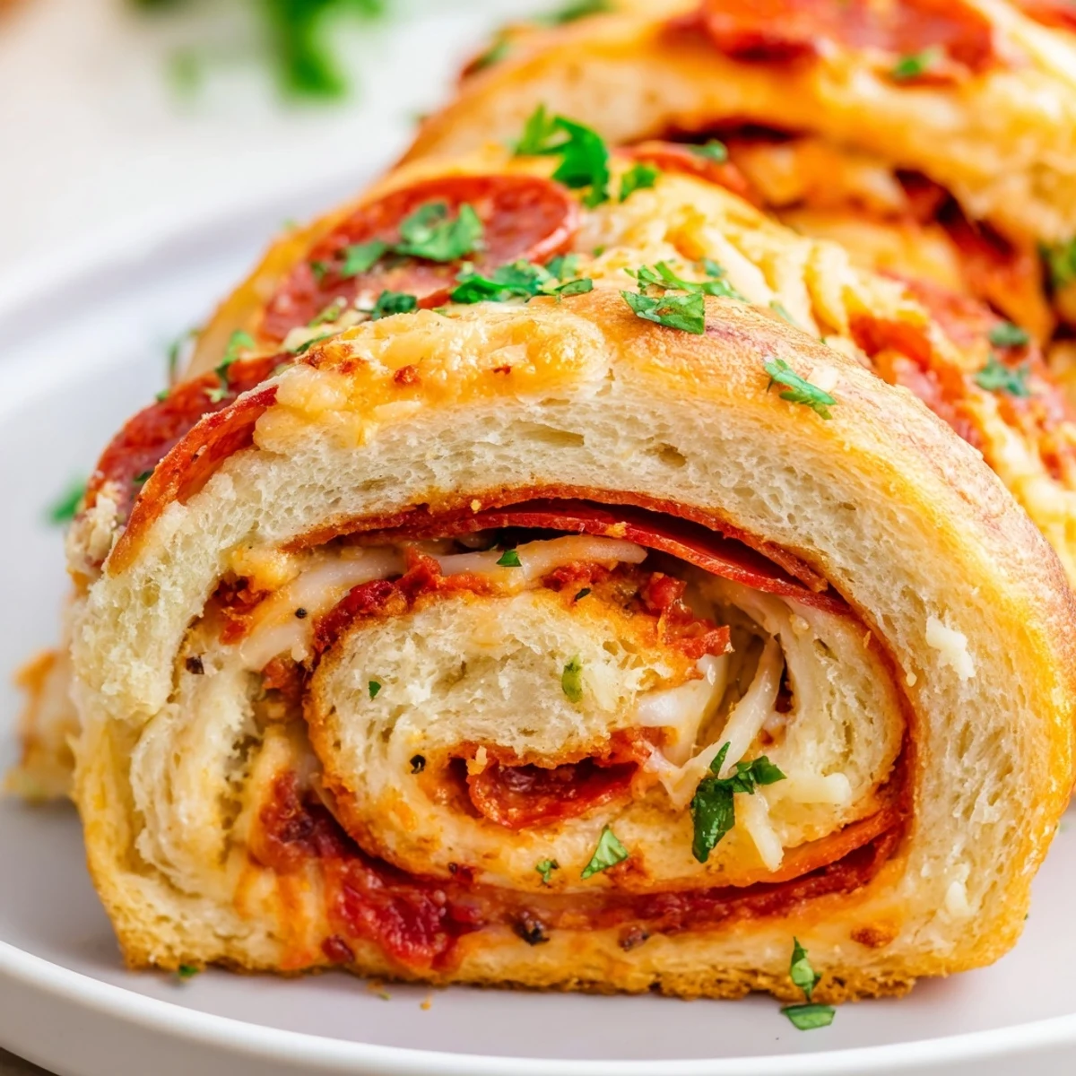 Golden pepperoni pizza roll breadsticks served warm with marinara dipping sauce