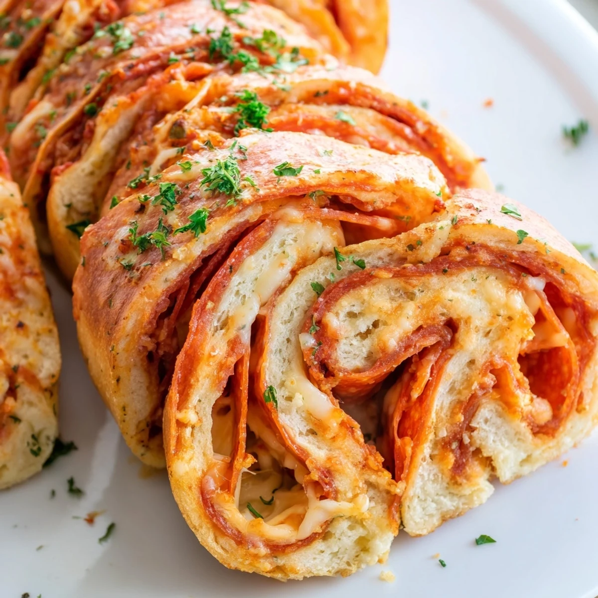 Garlic butter brushed pizza roll breadsticks sliced to reveal melted cheesy filling