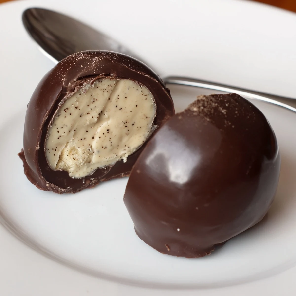 Dark Chocolate Eggnog Truffles nestled on parchment, glossy shells dusted with nutmeg